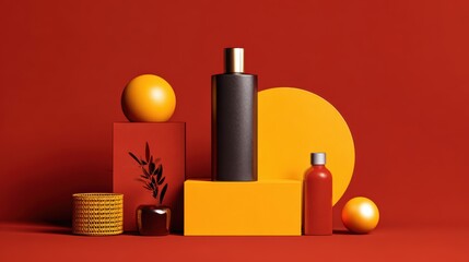 Vibrant red and yellow still life with geometric shapes and bottles