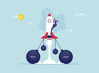 Business difficulty or overcoming business problems concept, fighting career obstacles or progress, businesswoman on rocket while there are obstacles in her way