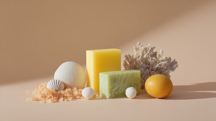 Minimalist soap and natural elements arrangement on beige background