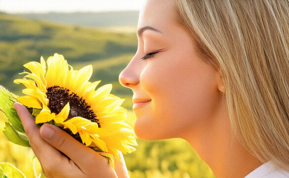 Summer Scene with Happy Woman Smelling Sunflower in Flower Field