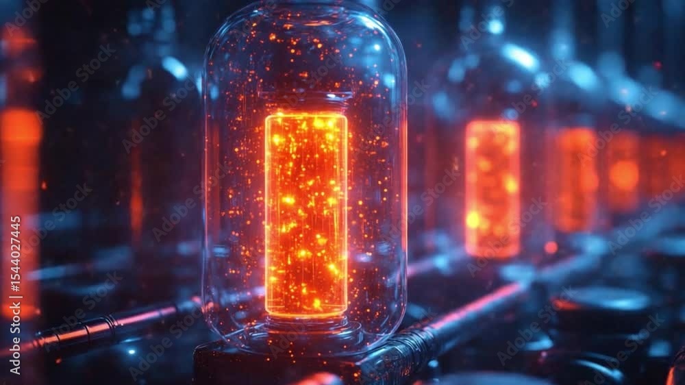 Poster glowing experiment: a close-up shot of a glass cylinder filled with a fiery, dynamic substance glows