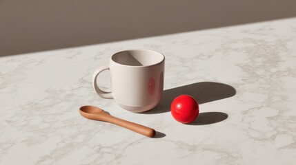 Ceramic mug with wooden spoon and red ball on marble surface