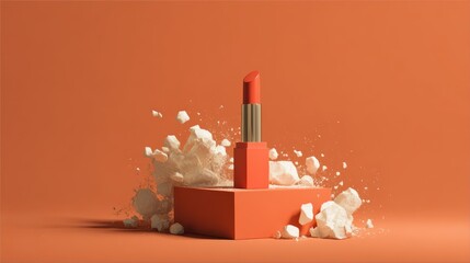 Vibrant orange lipstick on display with dynamic splash of white powder