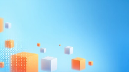 Abstract orange and white cubes on blue background with digital elements