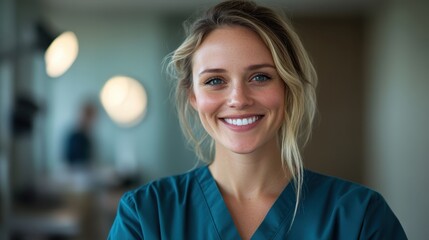 Obraz premium A confident healthcare professional with a welcoming smile in scrubs, conveying trust and compassion in a healthcare environment, meeting the needs of patients successfully.
