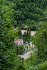 A cable car in the mountains of Georgia. View of the city from a height