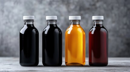 A collection of four distinct bottles containing various liquids, highlighting the interplay of color and light in an artistic composition that captivates the eye.