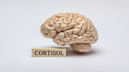Human brain model with cortisol sign displayed on white background
