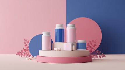 Pastel cosmetic containers on geometric podium with pink and blue background
