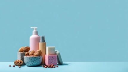 Assorted skincare products and natural ingredients on blue background