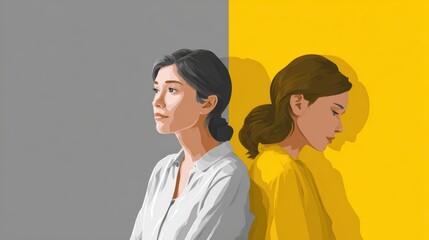 Two women in contrast: asian female in white and caucasian female in yellow facing opposite directions