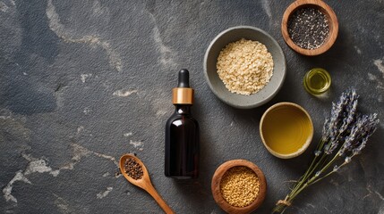 Aromatherapy essentials with oil bottle and natural ingredients on stone surface
