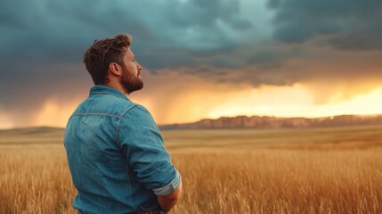 A contemplative man gazes upwards at an approaching storm, surrounded by golden wheat fields, capturing a moment of reflection against a dramatic and changing sky.
