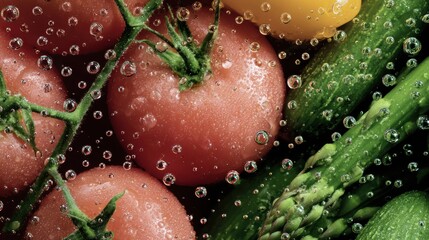 Fresh tomatoes cucumber asparagus with water droplets up close