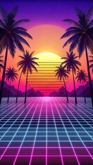 Retro synthwave sunset scene featuring palm trees illuminated with vibrant neon colors