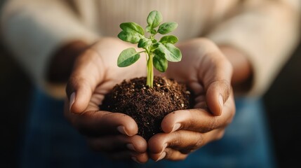 Gentle hands holding rich soil with a tiny green plant sprout, symbolizing growth, care, and the nurturing relationship between humans and nature in the journey of life.