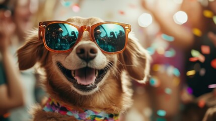 A cheerful dog wearing orange sunglasses enjoys a festive party atmosphere, surrounded by confetti and people, radiating pure joy and excitement in a fun setting.