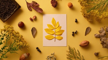Autumn botanical arrangement with yellow leaves on textured paper