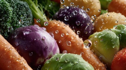 Fresh colorful vegetables with water droplets: broccoli, carrots, purple cabbage, brussels sprouts
