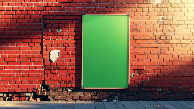 A blank green poster hangs on a weathered brick wall sunlight streaming from the right creating shadows The setting invites customization and artistic expression