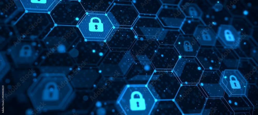 Poster a blue digital background with hexagons and padlock icons, representing cyber security or data prote