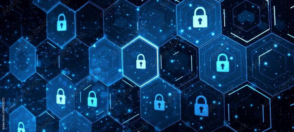 Aufkleber a blue digital background with hexagons and padlock icons, representing security in cyberspace gener