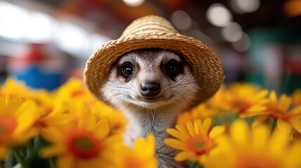A delightful meerkat donning a straw hat smiles among vibrant flowers, embodying playfulness, joy, and the charm of wildlife in a colorful setting.
