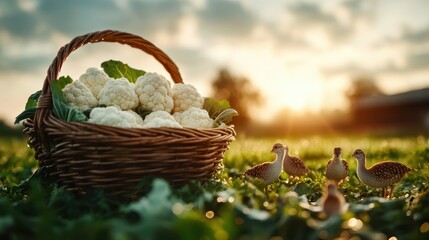 A charming basket filled with fresh cauliflower in a lush field, accompanied by curious birds, represents the beauty of nature's bounty and its connection to wildlife.