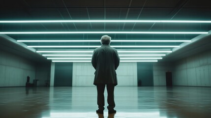 Fototapeta premium A solitary figure stands in a minimalist room illuminated by neon lights, symbolizing introspection and the emotional journey of self-discovery in modern environments.
