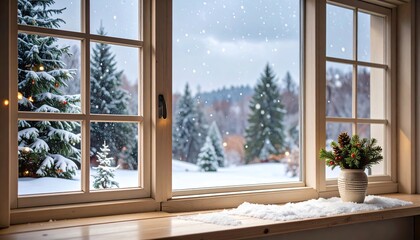 Cozy Winter Window View with Snowy Forest, and Christmas.