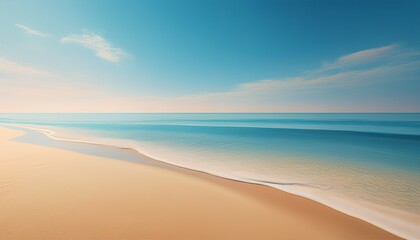 Obraz premium serene minimalist beach scene golden hour coastal landscape soft white sand calm blue ocean travel inspiration