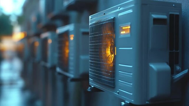 Air Conditioners in a Row: Air conditioning units are meticulously arranged in a structured line, set against a blurred backdrop. This shot encapsulates the essence of modern living.