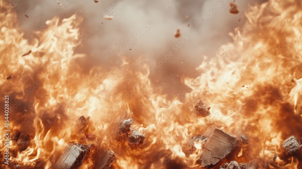 Poster an intense and captivating image of flames and flying debris creates a powerful and dynamic scene, s
