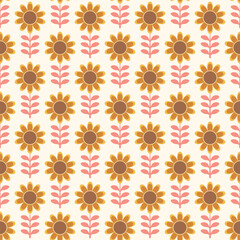 Retro Sunflower Seamless Pattern Cute Floral Repeat Design in Earthy Tones. for Prints, Wrapping Paper, Wallpaper, Textiles, Stationery, and Fabric.
