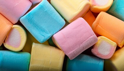 a close up view of brightly colored square marshmallows piled together in a random pattern