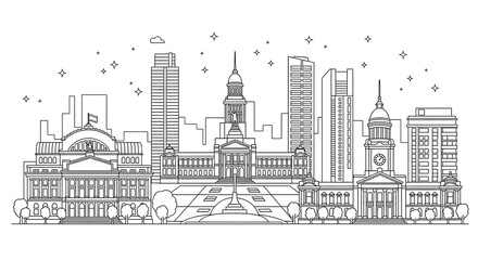 Obraz premium City skyline vector illustration, city buildings outline drawing, urban landscape architecture art on transparent background