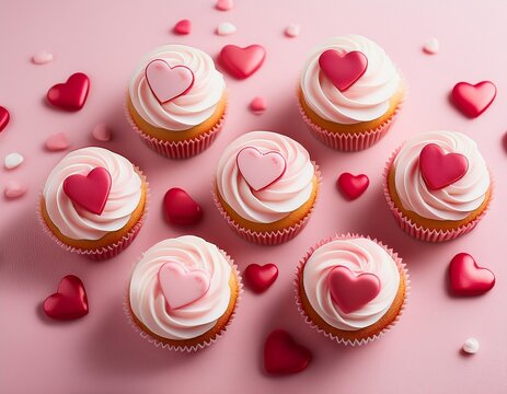 charming flatlay with cupcakes with heart shaped pink toppers and fluffy white frosting