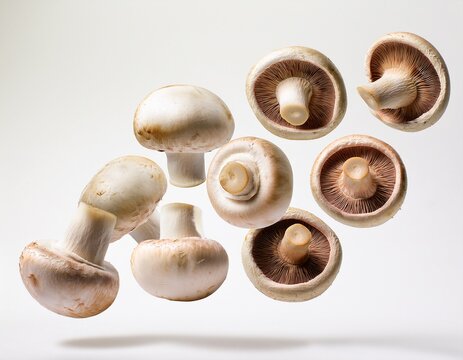 champignon mushrooms cluster floating in air on white background - Powered by Adobe