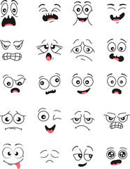 Hand-drawn doodle cartoon faces with various emotional expressions such as love, sadness, anger, confusion, and happiness. A large set of expressive comic-style eyes and mouths, perfect for emoji 