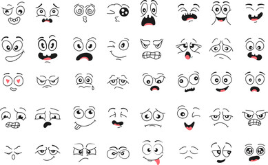 Hand-drawn doodle cartoon faces with various emotional expressions such as love, sadness, anger, confusion, and happiness. A large set of expressive comic-style eyes and mouths, perfect for emoji 