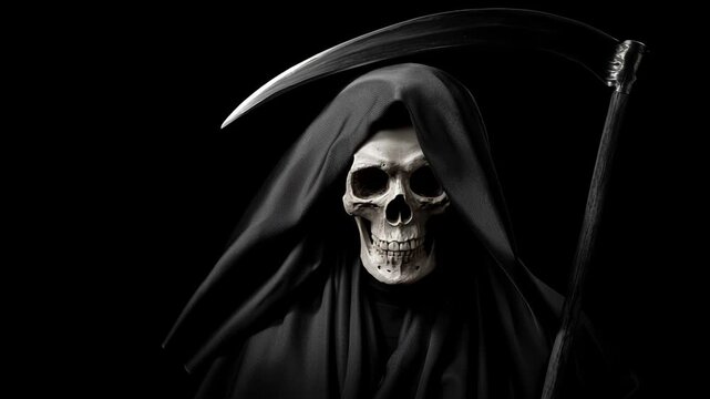 Grim reaper holding scythe on black background