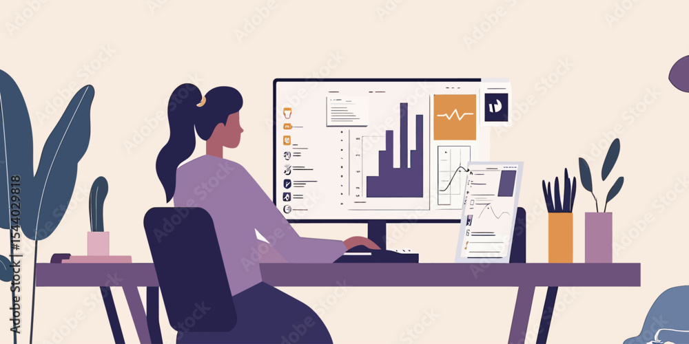 Poster businesswoman analyzing data analytics charts on computer and tablet screen in modern office workspa