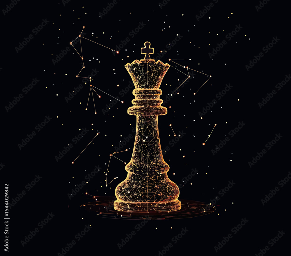 Poster digitally rendered glowing chess king with network mesh structure and constellation background symbo