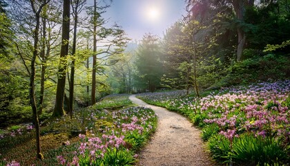 Obraz premium a picturesque pathway winds through a blooming forest surrounded by vibrant flowers creating a tranquil escape into nature s beauty and inviting exploration