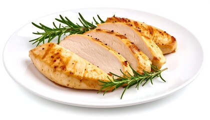 Grilled chicken breast slices with rosemary.