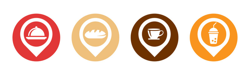 Food, Bread, Coffee and Juice icon set illustration vector. Food, Bread, Coffee and Juice with location sign and symbol.