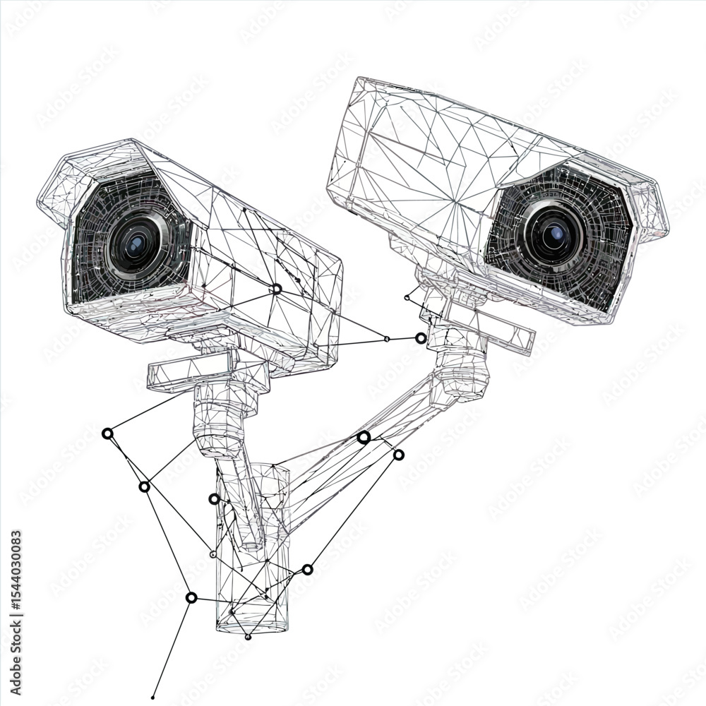 Poster abstract wireframe 3d dual security surveillance cameras with polygonal mesh network and connected d