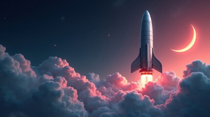 Rocket Launch Through Clouds Silhouetted Against Crescent Moon in the Night Sky, Aspiration Concept