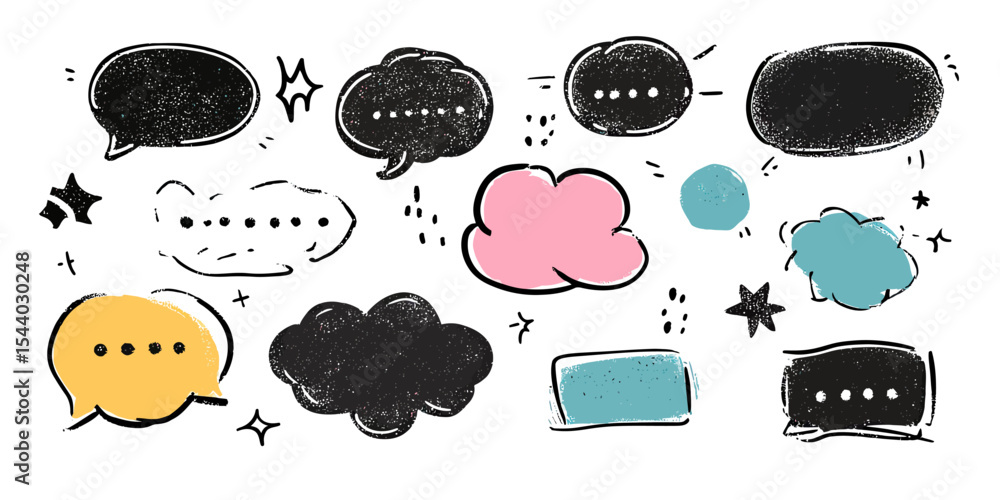 Poster hand drawn colorful chalk style speech bubbles set with doodle effect and various shapes for dialogu