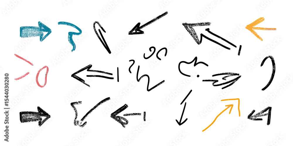 Poster hand drawn arrow sketches set with black, blue, red, and yellow doodle style curved and straight dir